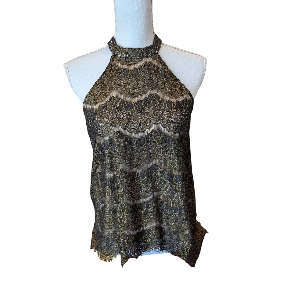 Love Fire Halter Top Gold Metallic Lace Black Scalloped Nude Lining Sz M Dressy